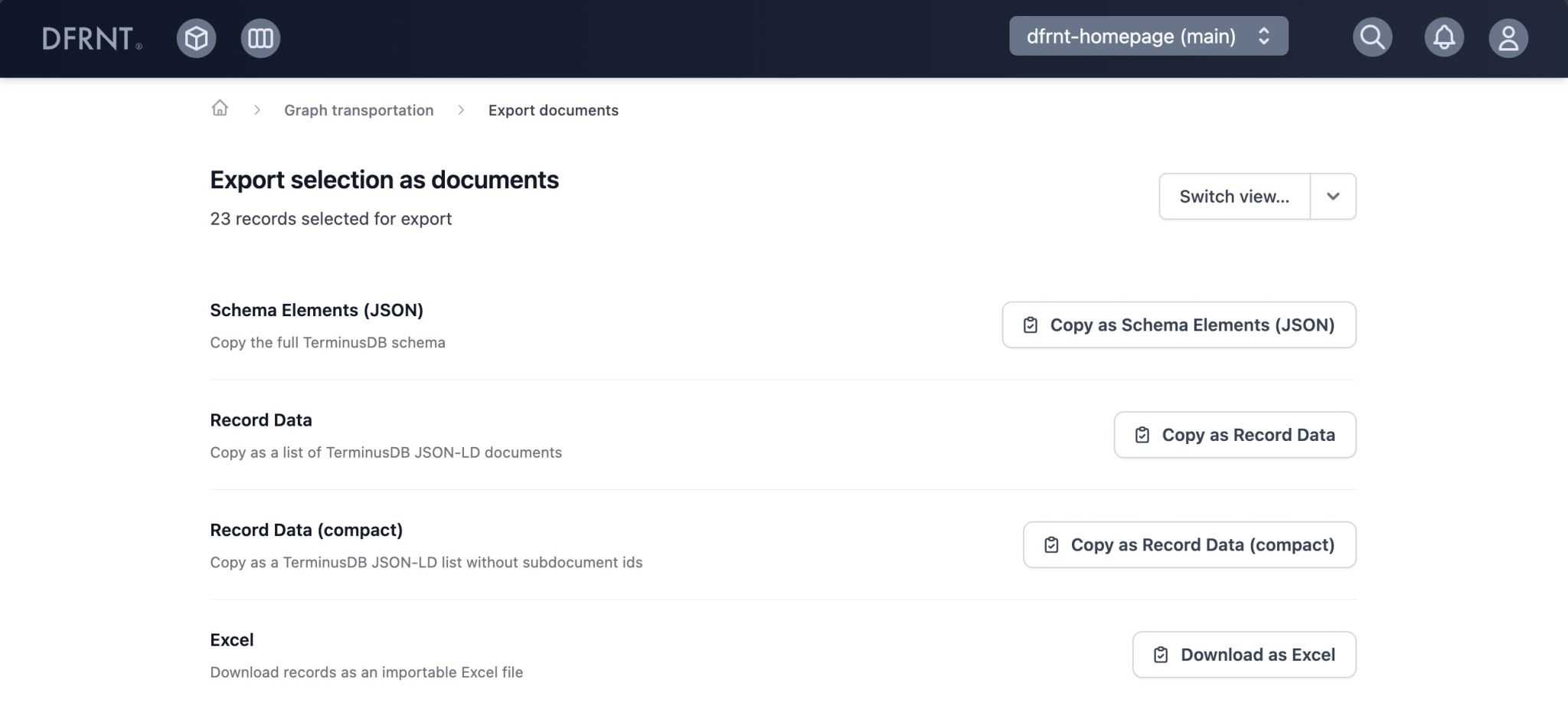 Export documents view for exporting Excel