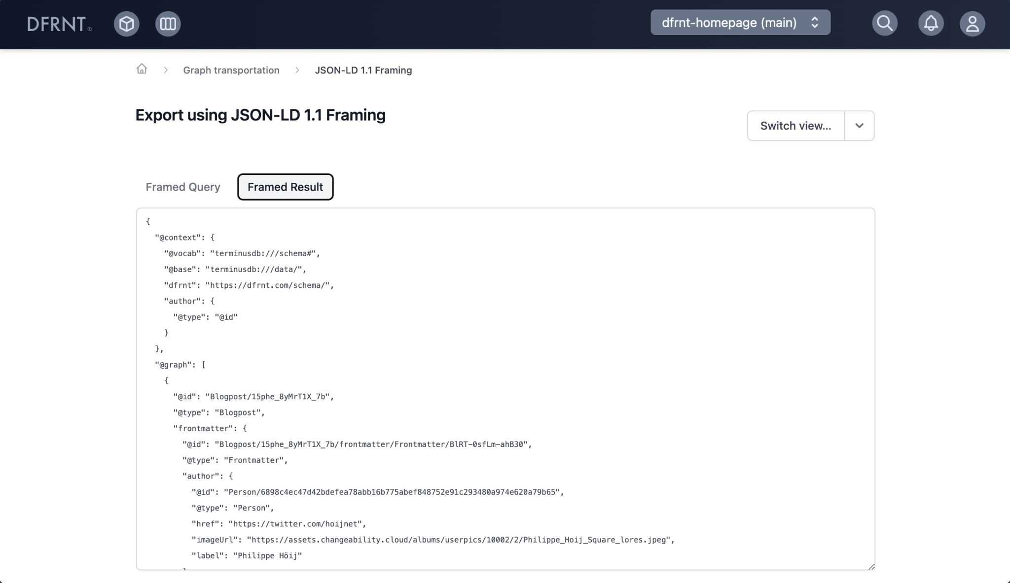 The JSON-LD Framed Result with Blogpost linked to Person via Frontmatter and author